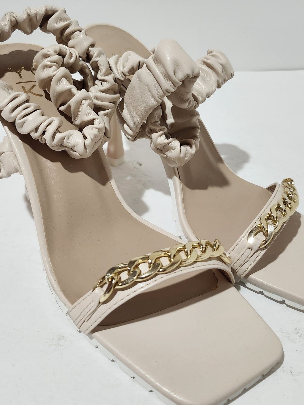 Women's Beige Ruched Strap Heeled Sandals with Gold Chain